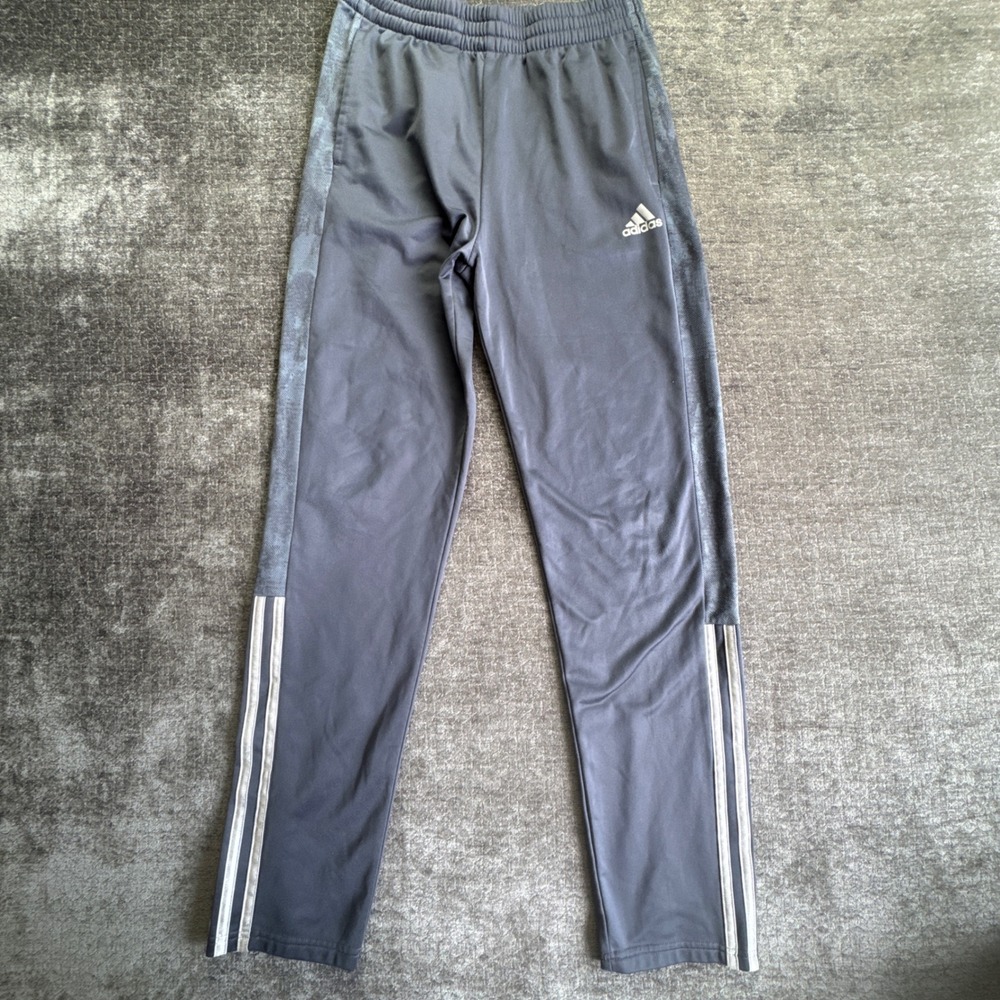 Adidas Track Pants Boys XL 18/20 Gray Camo Stripe Training Straight High Rise